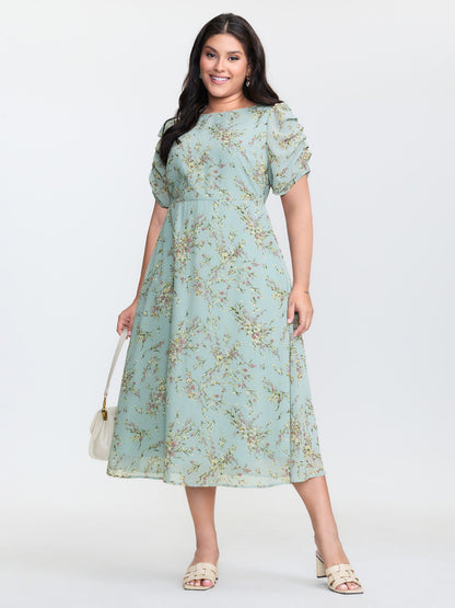 Floral Print Puffy Sleeve Midi Dress