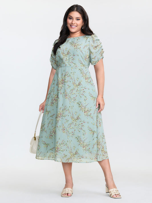 Floral Print Puffy Sleeve Midi Dress