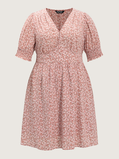Sweet Floral Print Shirred Cuffs Pockets Midi Dress