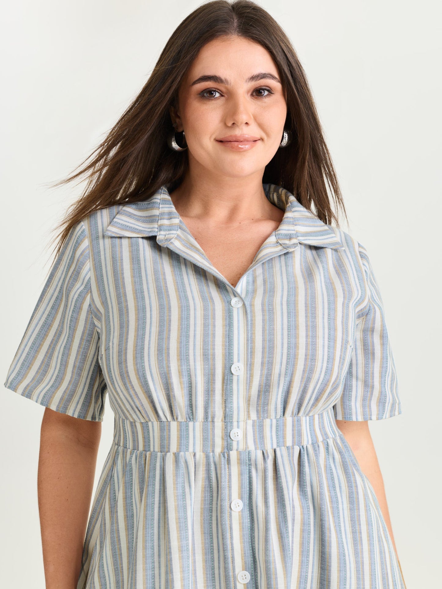Cotton Linen Blend Striped Print Midi Dress
