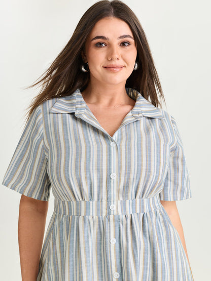 Cotton Linen Blend Striped Print Midi Dress