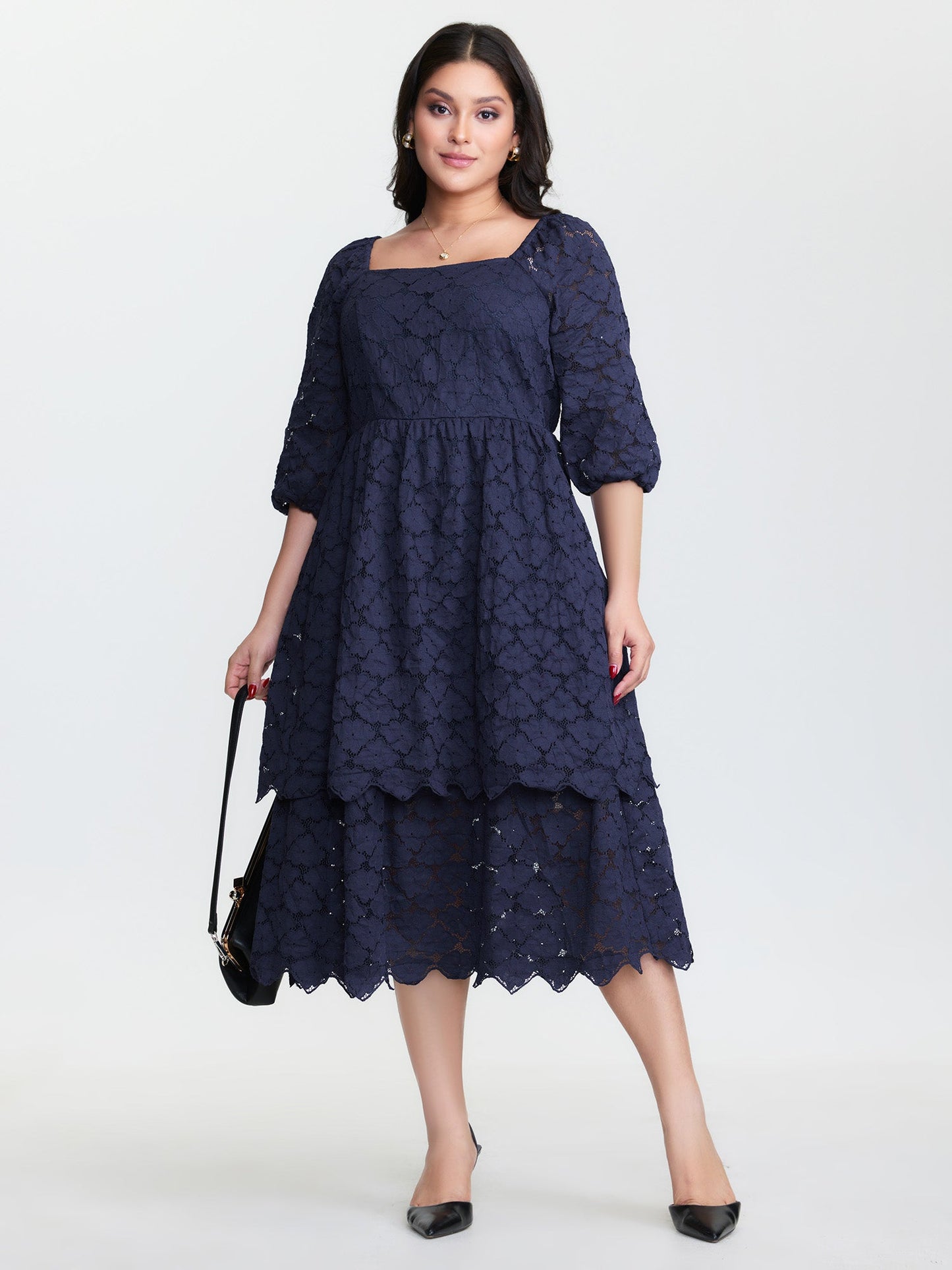 Lace Trim Stretchy Waist Tiered Midi Dress
