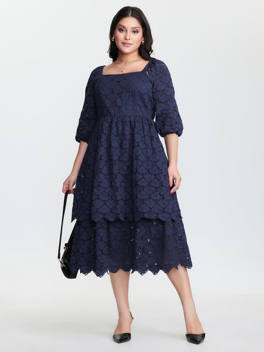 Lace Trim Stretchy Waist Tiered Midi Dress