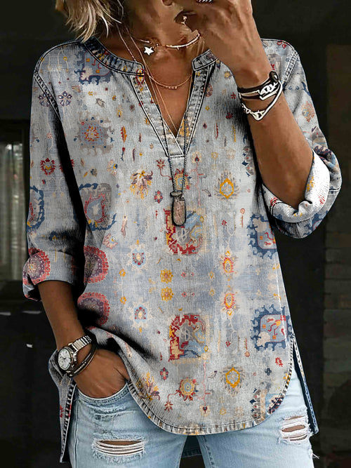 Women's Vintage Paisley Ethnic Art Print Denim V-neck Henley Long-sleeved Shirt