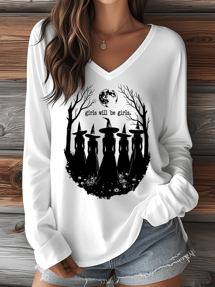 🔥HOT SALE🔥Women's Halloween Girls Will Be Girls. Print V-Neck Long Sleeve T-Shirt