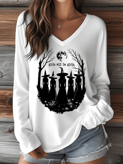 🔥HOT SALE🔥Women's Halloween Girls Will Be Girls. Print V-Neck Long Sleeve T-Shirt