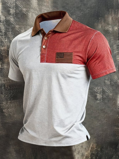 Men's Retro Patriot Color Block Polo Collar Short Sleeve