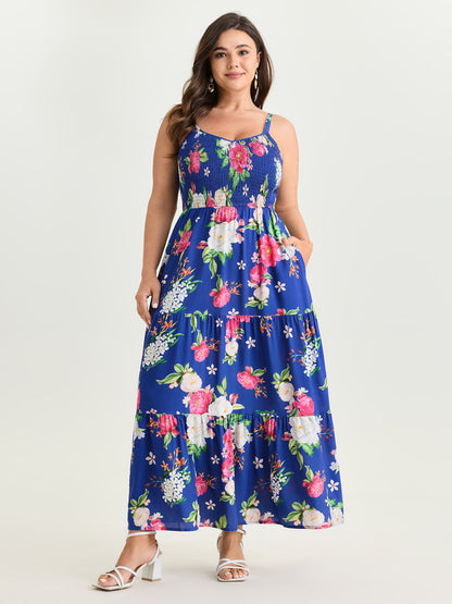 Floral Print Shirred Bodice Breezy Midi Dress
