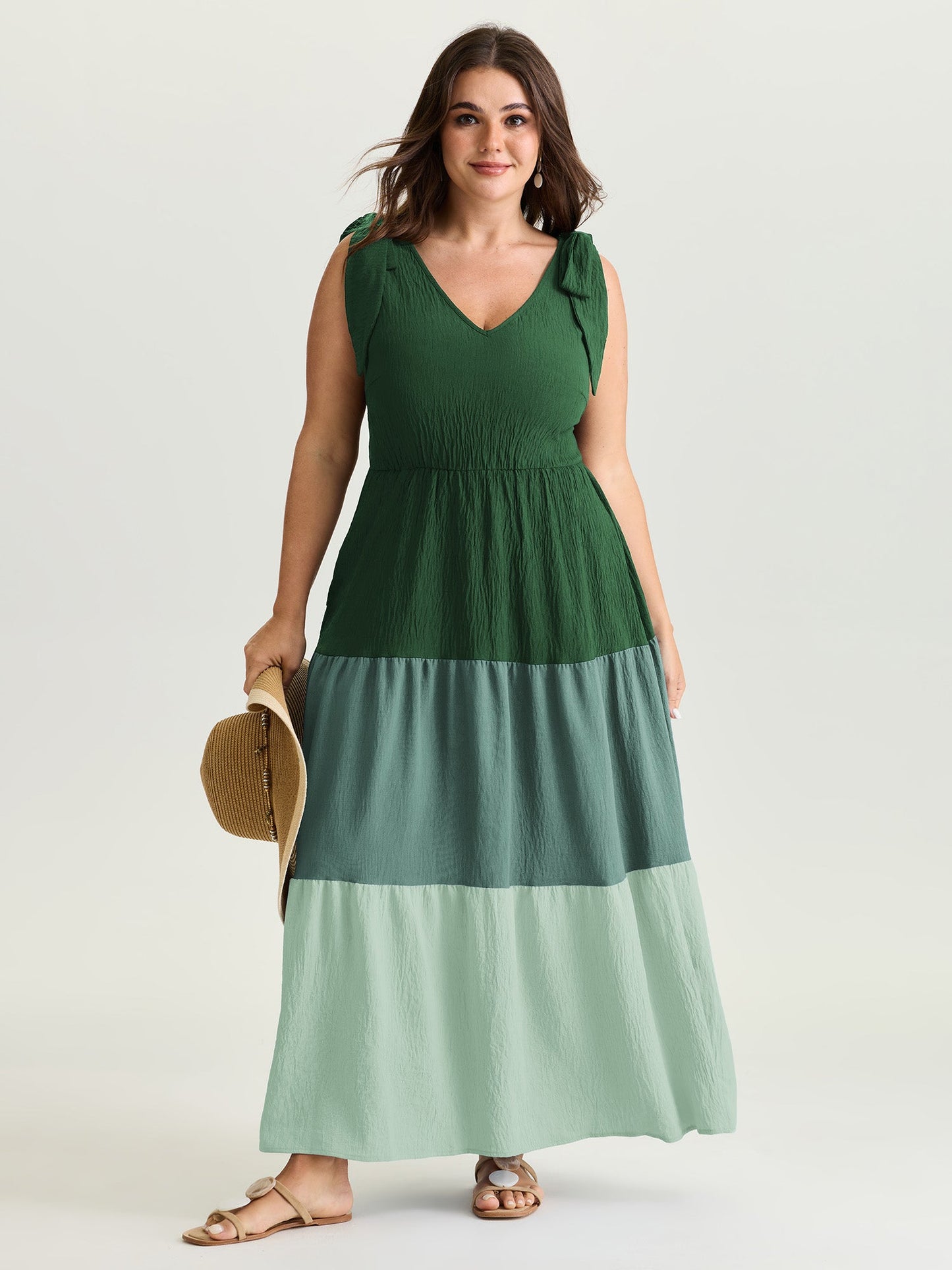Colorblock Shoulder-Tie Tiered Maxi Dress