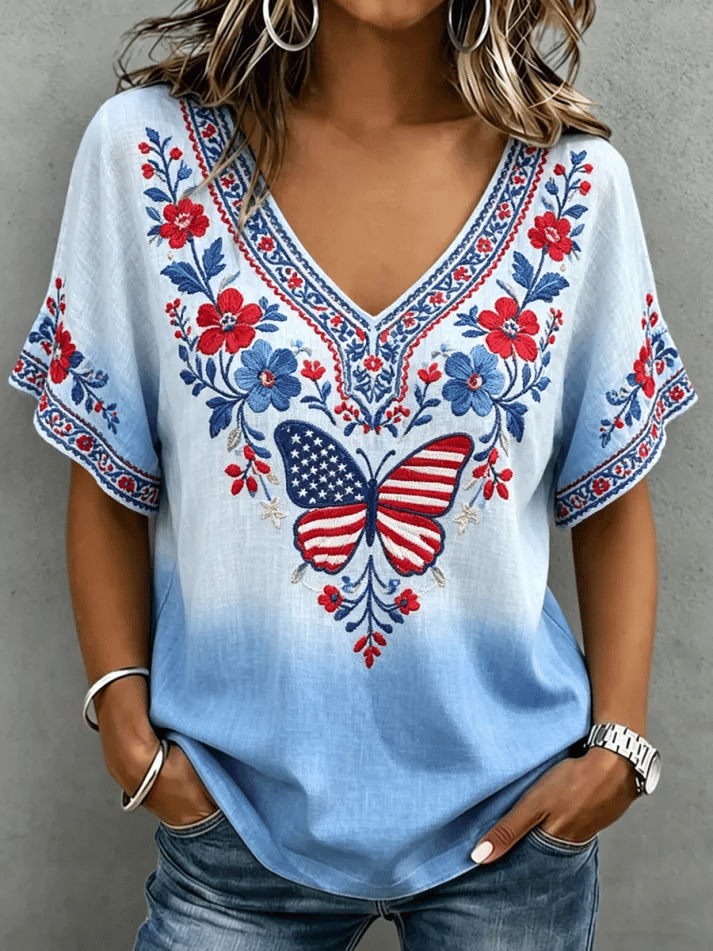 Women's American Flag Floral Print Casual Top