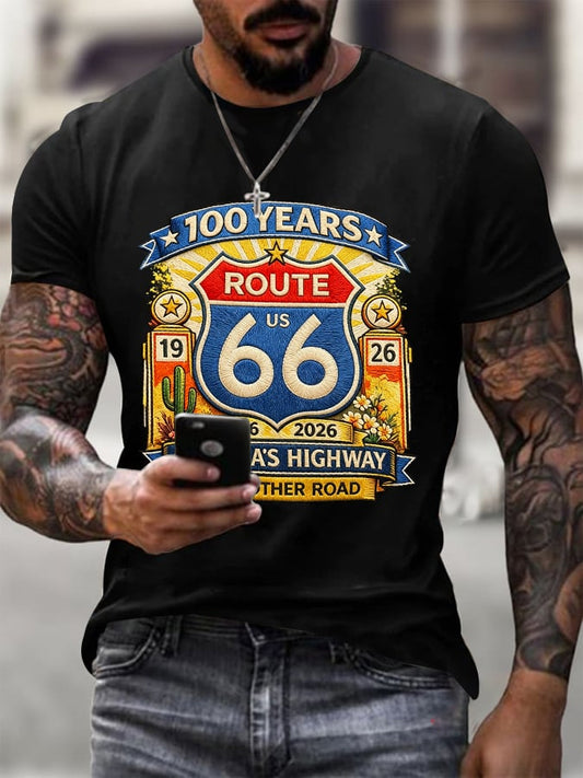 Men's Route 66 Centennial Mother Road Print Round Neck T-shirt