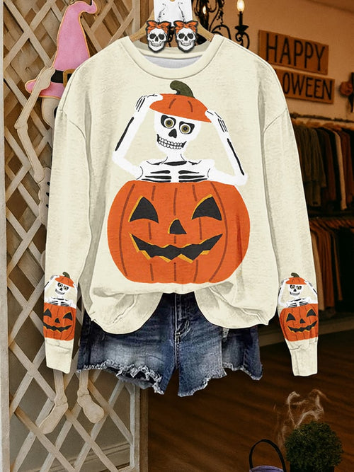 🔥Buy 2 Get 10% Off🔥Women's Halloween Skull Pumpkin Print Sweatshirt