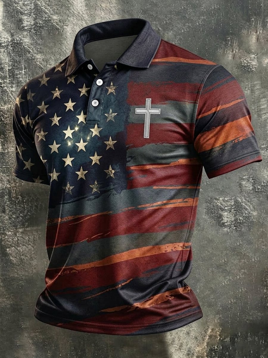 Men's Vintage American Flag Faith Art Short-Sleeve Polo Shirt