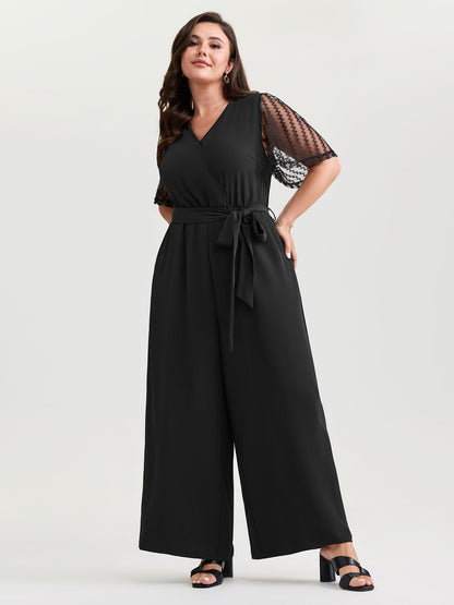 Textured Sheer Sleeve Stretchy Waist Tie Jumpsuit