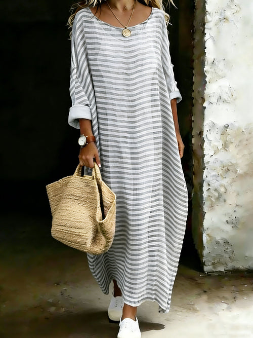 Women’s Casual Loose Stripe Long Sleeve Cotton Maxi Dress