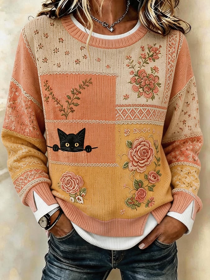 Women's Crew-Neck Printed Faux-Layered Pullover Sweatshirt