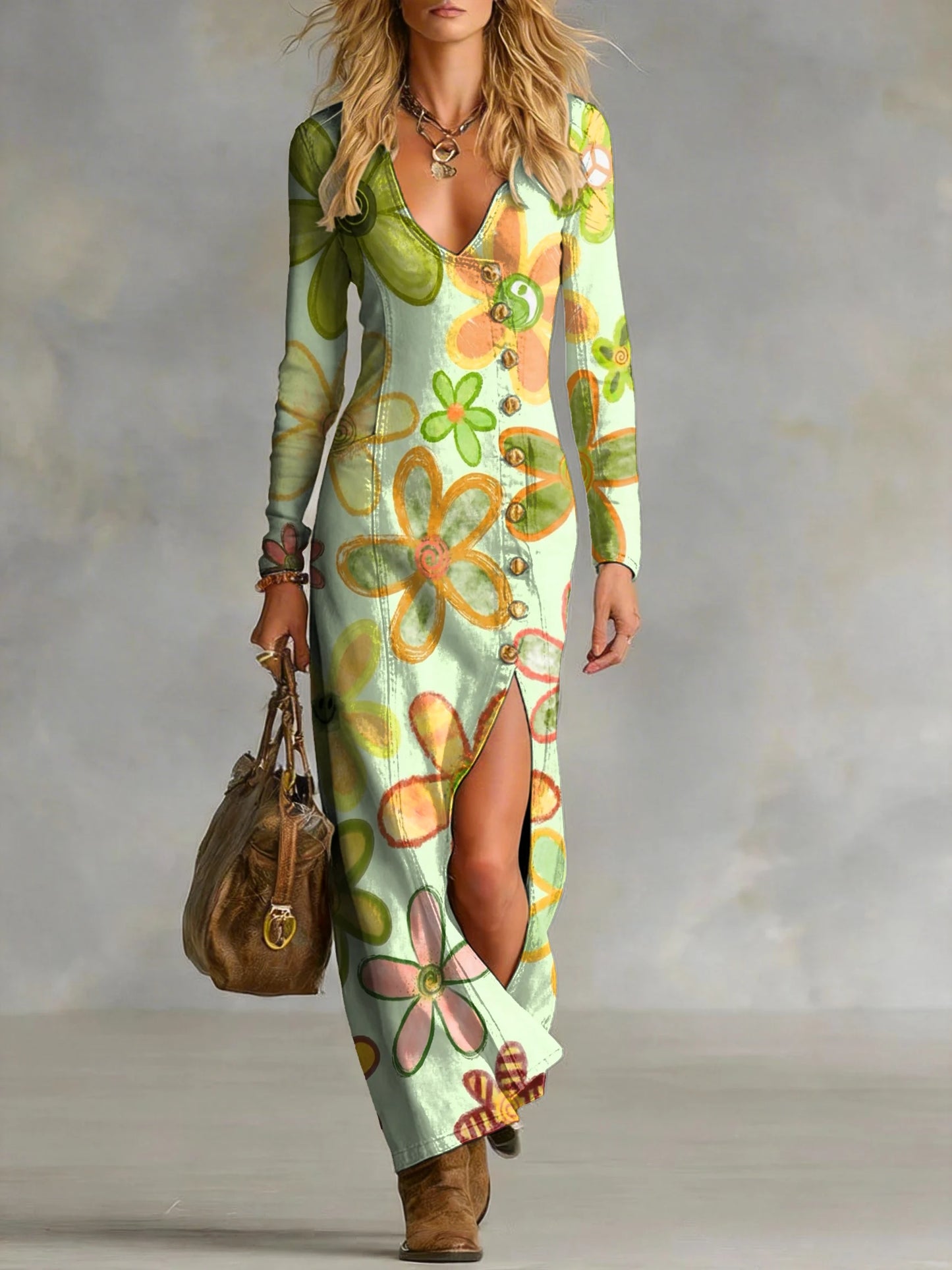 Women's Cute Floral Art Print Single-button Side Slit Long-sleeve V-neck Denim Dress