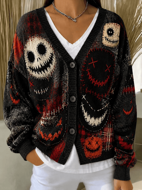 Women's Retro Halloween Patchwork Print Casual Knit Cardigan