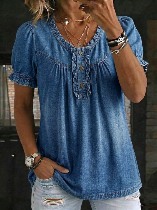 Women's Fashionable Casual Round-neck Short-sleeve Denim Shirt With Ruffle Trim