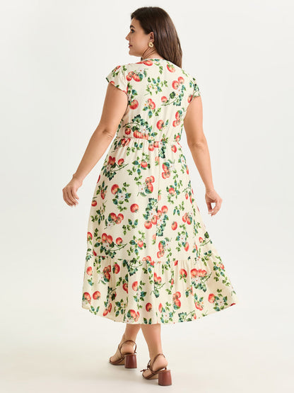 Zesty Fruit Print Shirred Bodice Midi Dress