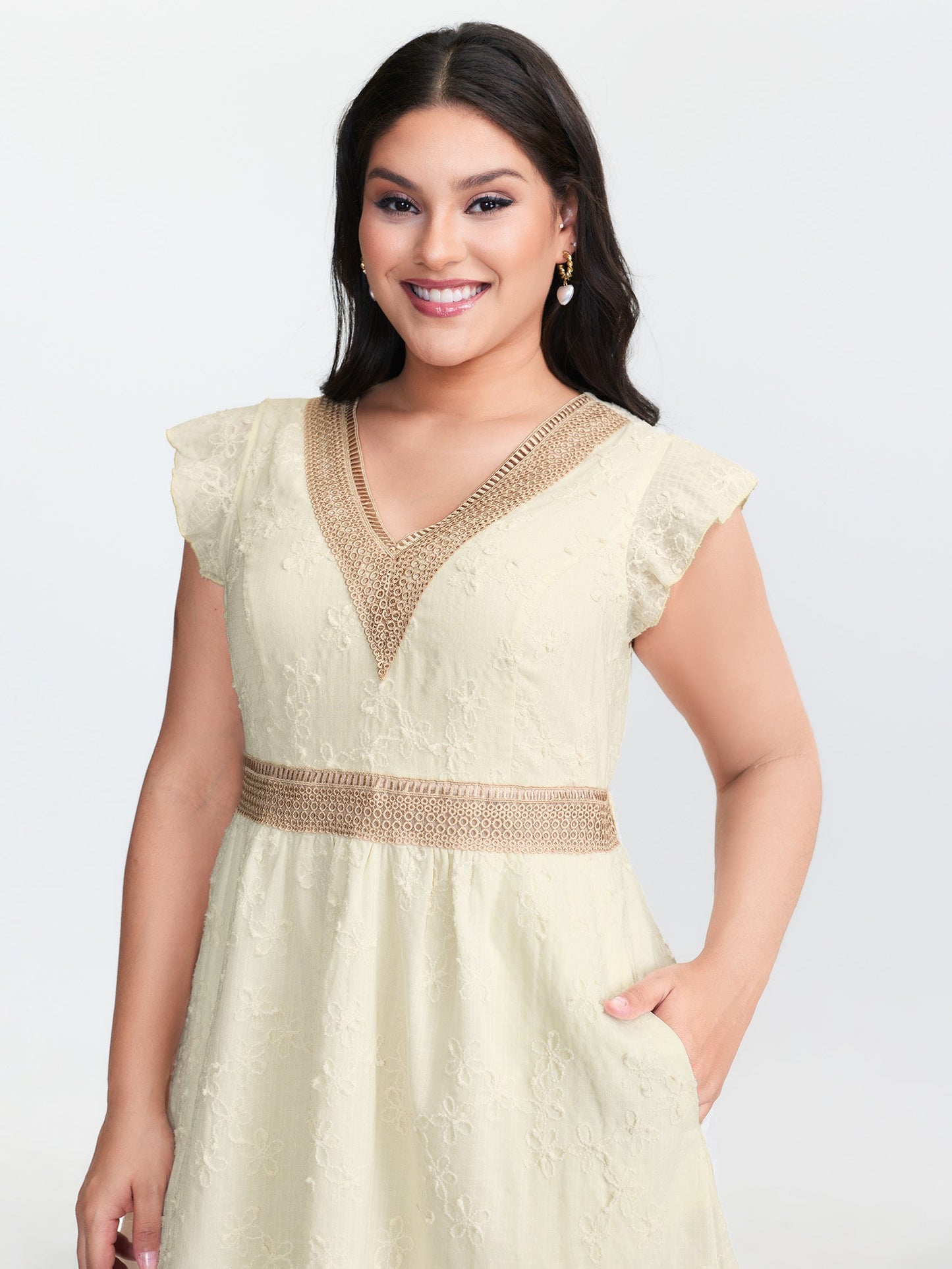 Textured Lace Trim V-Neck Flutter Sleeve Mini Dress