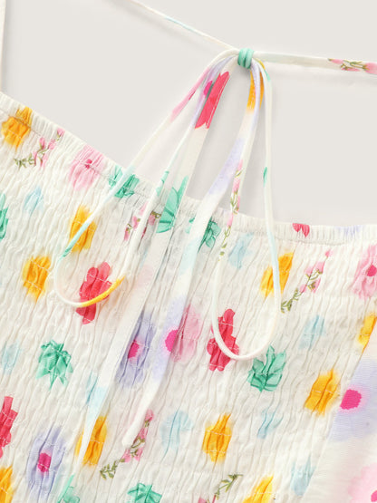 Playful Floral Print Pleated Flowy Midi Dress