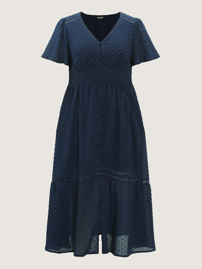 Textured Cinched-Waist V-Neck Midi Dress