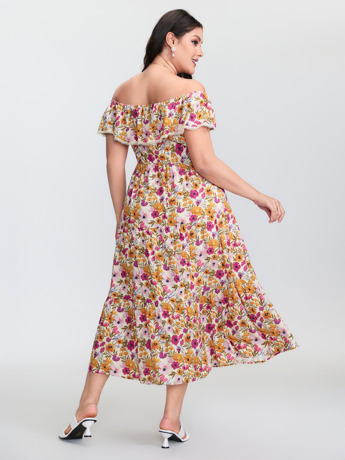 Floral Print Off-Shoulder Stretchy Waist Maxi Dress