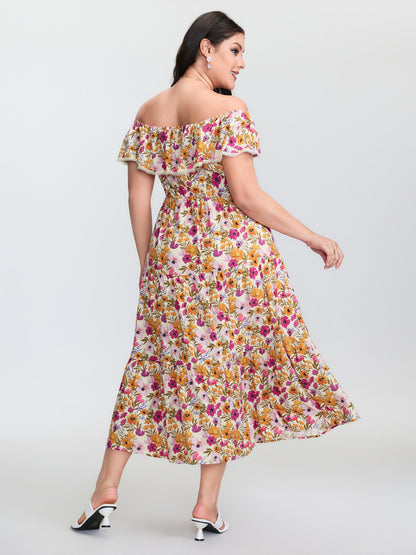 Floral Print Off-Shoulder Stretchy Waist Maxi Dress