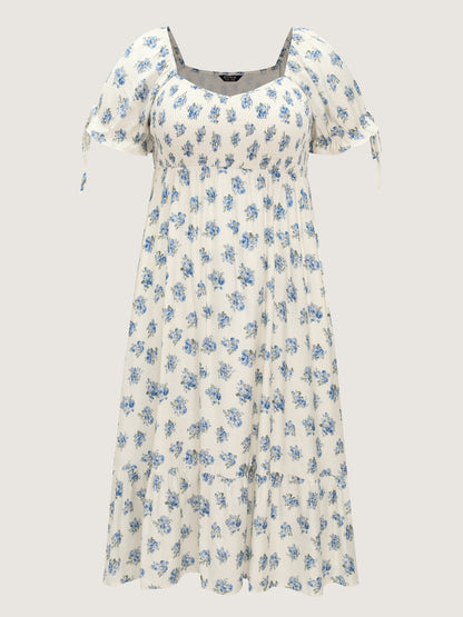 Floral Print Shirred Bodice Sleeve-Tie Maxi Dress