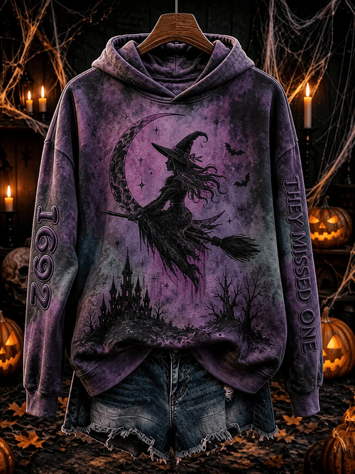 Women's Retro 1692 They Missed One Witch Hat & Cat Printed Hoodie
