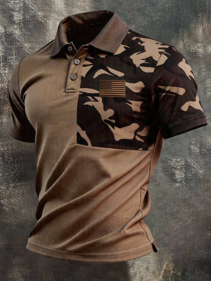 Men's Retro Patriotic Color-Block Short-Sleeve Polo Shirt