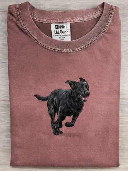 Funny Cute Running Black Labrador Art Print Casual Cotton Short Sleeve T-shirt