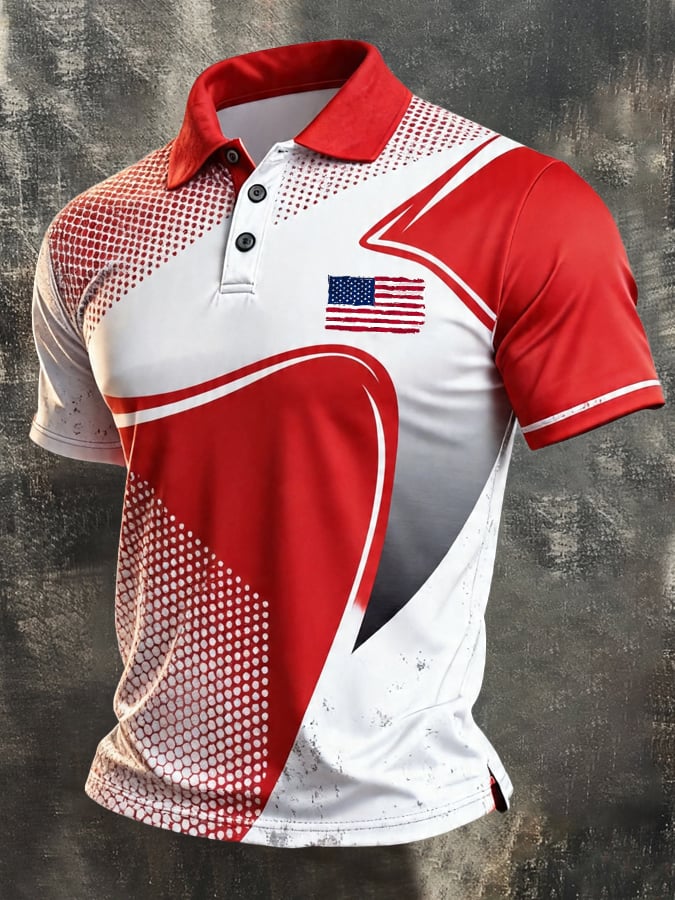 Men's Retro Patriotic Color-Block Short-Sleeve Polo Shirt