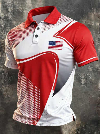 Men's Retro Patriotic Color-Block Short-Sleeve Polo Shirt