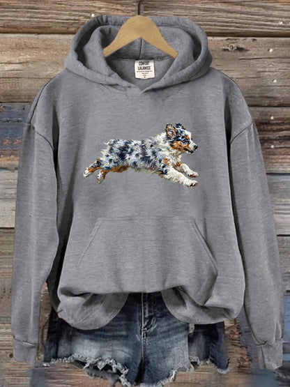 Funny Retro Cute Running Dog Art Casual Hoodie Sweatshirt
