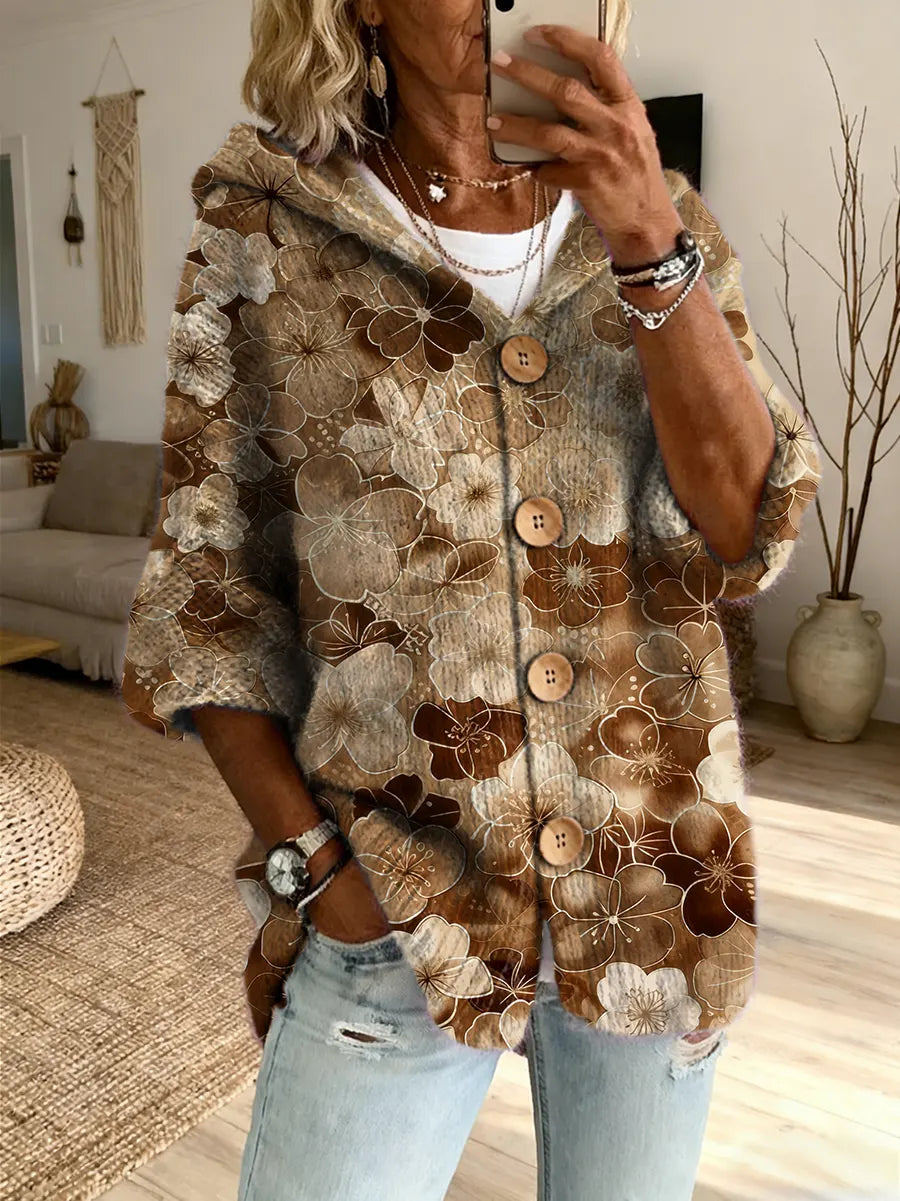 Ethnicity Colorful Flowers Women's Art Print Casual Hooded Cardigan Sweater