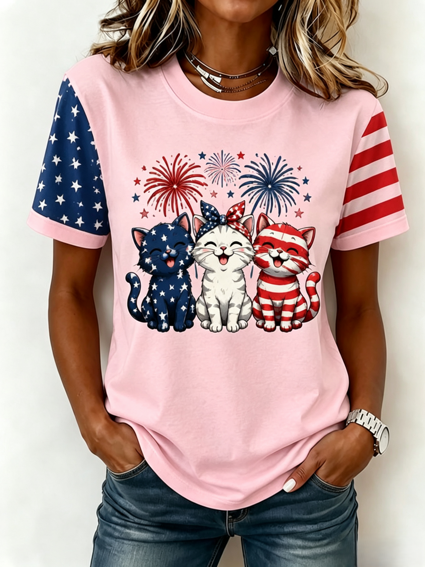 Women's American 250 Flag Kittens Printed Casual T-shirt