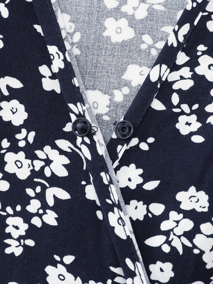 Rayon Floral Print Pleated Pockets Mini Dress