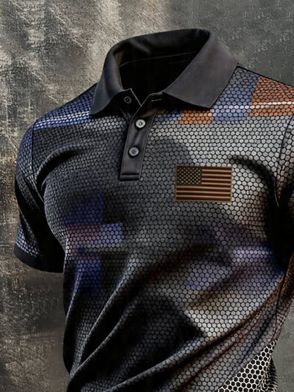 Men's Retro Patriotic Color-Block Short-Sleeve Polo Shirt