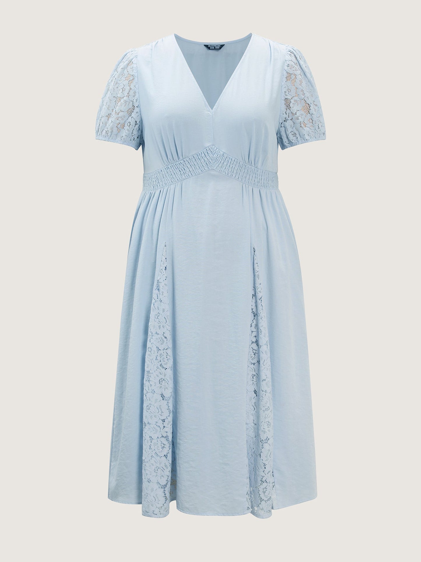 Lace Panels Shirred Waist Midi Dress