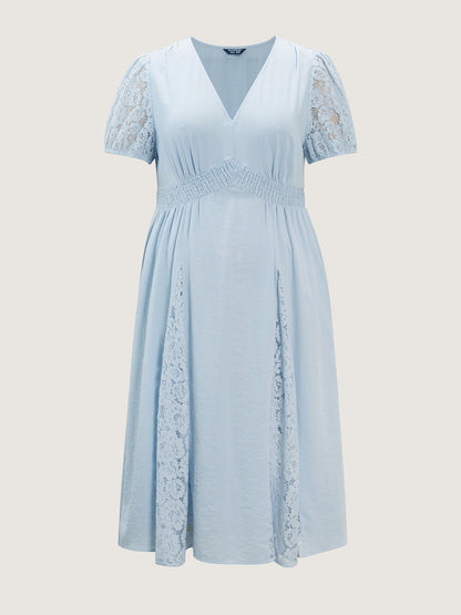 Lace Panels Shirred Waist Midi Dress