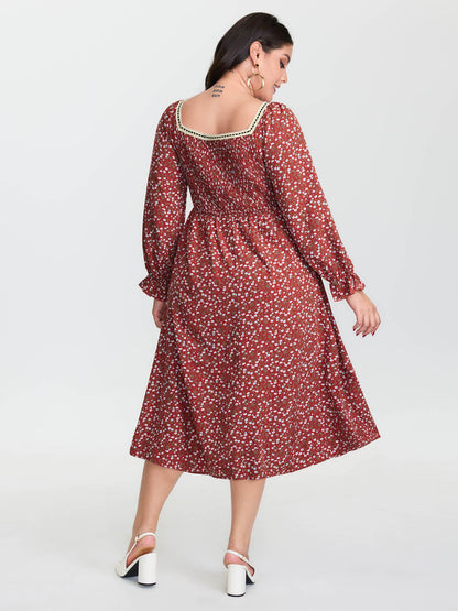 Floral Print Square Neckline Drawstring Midi Dress