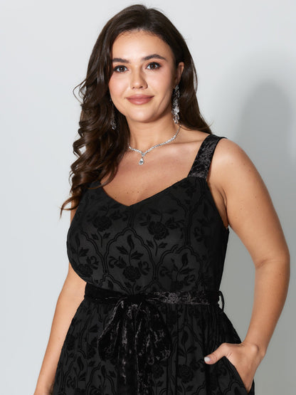 Flocked Spliced Velvety Tie Maxi Dress