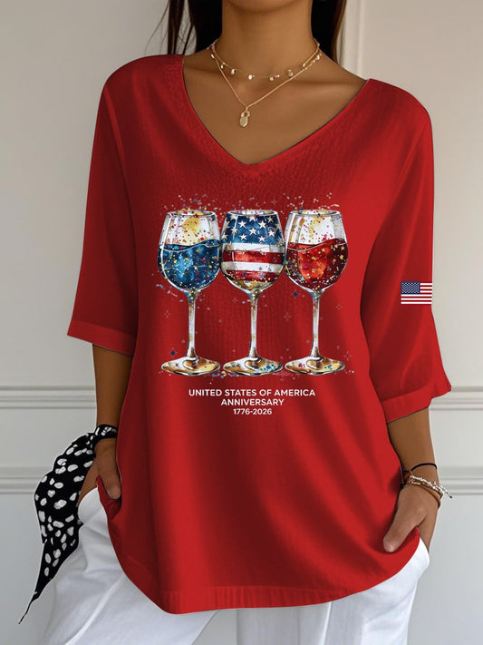 Women's American Flag Red Wine Glasses Celebrate Casual V-Neck T-Shirt