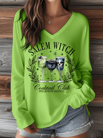 🔥HOT SALE🔥Women's Halloween Salem Witch Cocktail Club Spellbinding Cocktails Print V-Neck Long Sleeve T-Shirt