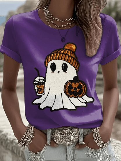 Women's Halloween Ghost Print Crew Neck T-Shirt