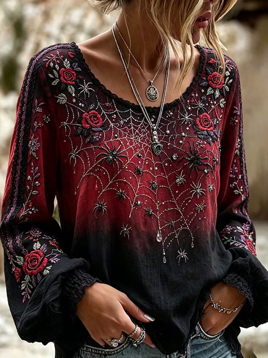 Women's Vintage Floral and Spider Print Halloween V-Neck Top