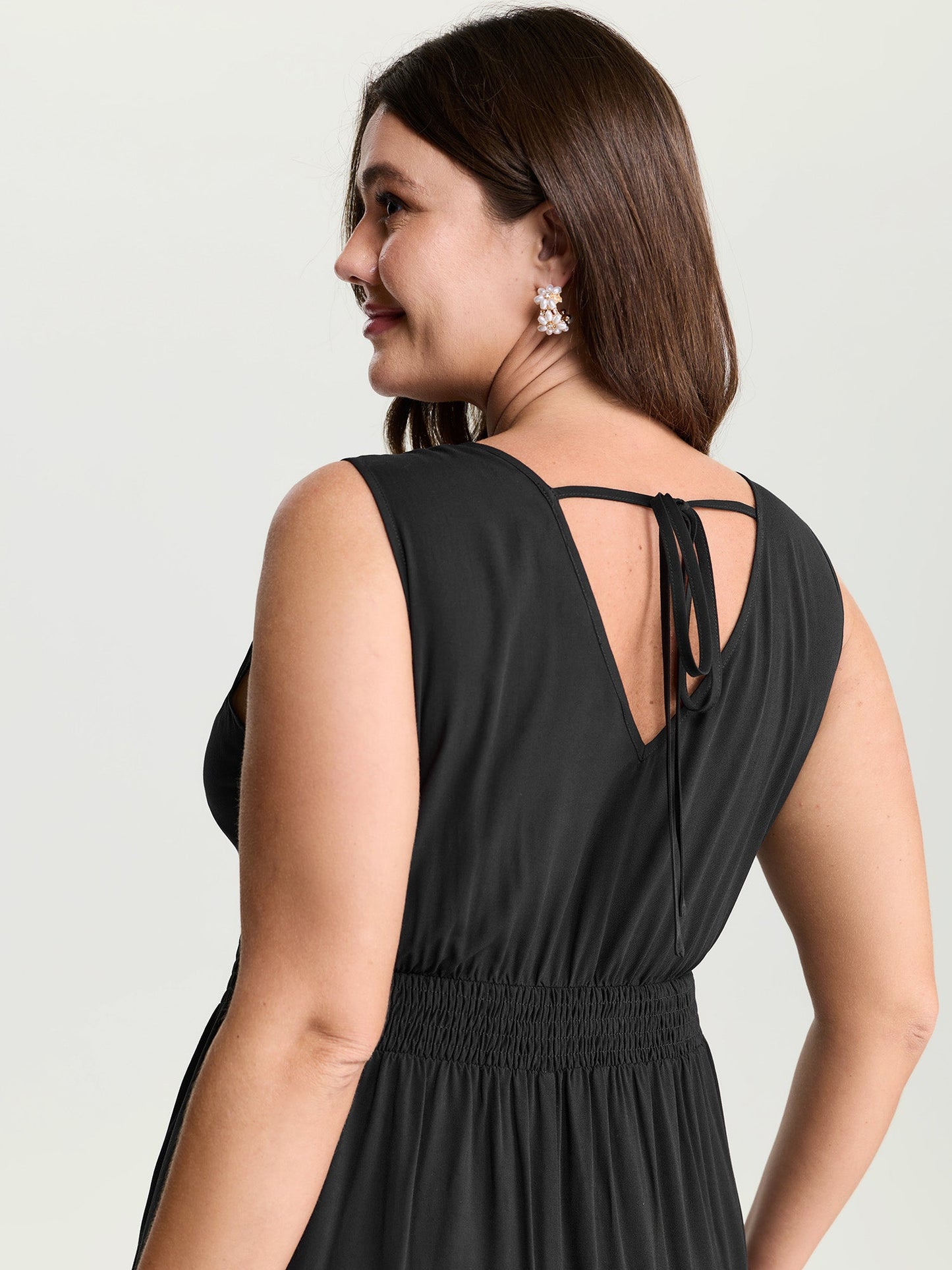 Lace Shirred Waist High Low Hem Midi Dress