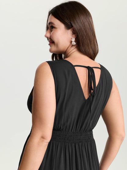 Lace Shirred Waist High Low Hem Midi Dress